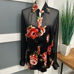 Cache Silk Blend Floral Black Blouse Large Sheer Long Sleeves Dark Romantic EUC